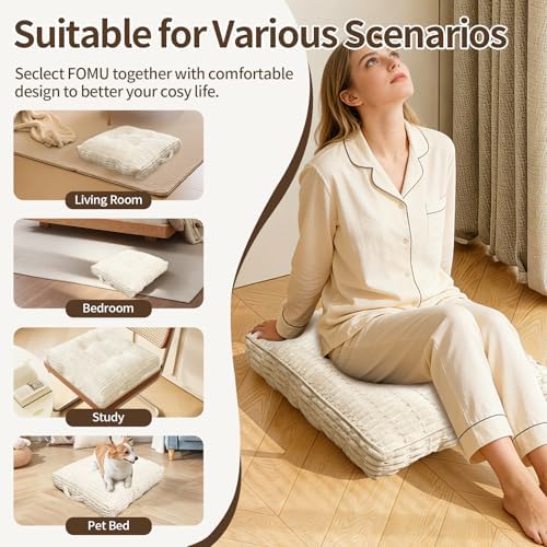 Floor Cushions, Corduroy Floor Pillow, Floors Pillows for Adults & Pets, Large Floors Pouf, Square Floored Pillows for Sitting & Yoga(2PC, Beige White，22"×22"×5.9")