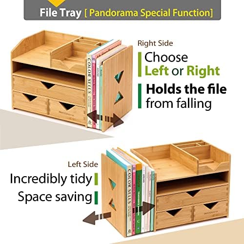 Pandorama Bamboo Desk Organizer Large - A4 Drawers & Adjustable File Holder, Fully Assembled Wood Desktop Storage for Kitchen, Bedroom, Bathroom, Study Room