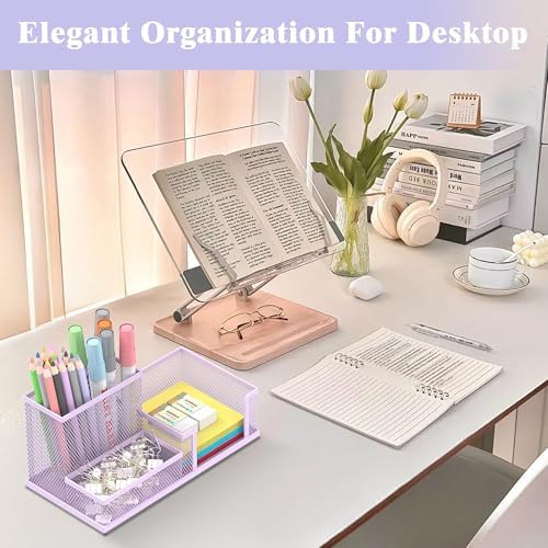 SUPEASY Mesh Pen Holder Desk Organizer, Office Supplies Pencil Storage with 3 Compartments, Office Desk Accessories and Workspace Organizers for Home School Classroom, Purple