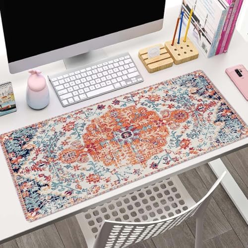Large Gaming Mouse Pad with Stitched Edges, Carpet Pattern Boho Style Ethnic Design Orange Pink Desk Mat, Extended Keyboard Pad, Non-Slip Rubber Base Desk Pad for Keyboard and Mouse, 31.5X11.8 inch