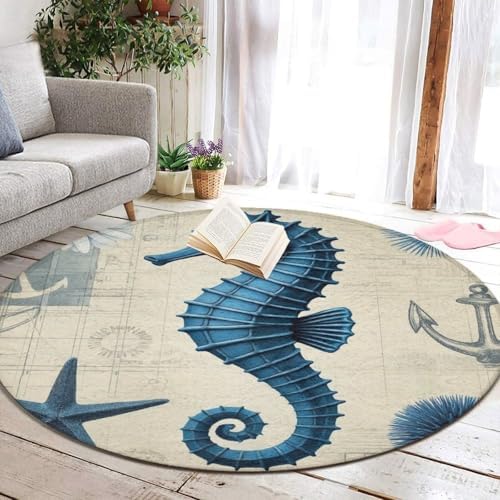 Women's Large Home Decor Mat, Soft Round Yoga Carpet, Non Slip Machine Washable Home Office Circle Rug Sea Horse