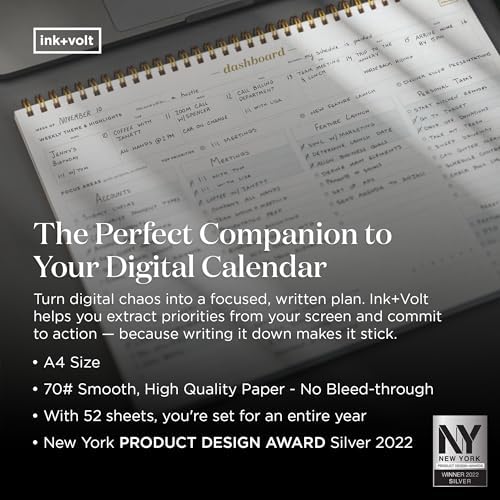 Ink+Volt Dashboard Spiral Deskpad | Undated Weekly Planner Notepad w/ 52 Undated Sheets, Premium Productivity Planner, Minimalist Weekly to do List for Work & Study | A4 Size, Navy - Made in the USA
