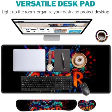 AIMSA Large Gaming Mouse Pad Set, Keyboard Wrist Rest Support + Extended Mouse Pad + Mouse Wrist Cushion + Coaster, Skull Gamer Ergonomic Memory Foam Multifunctional Desk Mat 35x15.7inch