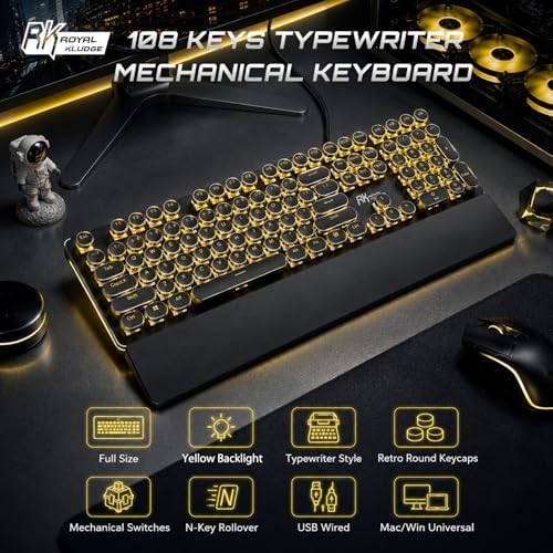 RK ROYAL KLUDGE S108 Typewriter Mechanical Keyboard, Wired Gaming Keyboard with Number Pad, Full Size Retro Keyboards w/Detachable Wrist Rest for Mac/Win/PC, Clicky Blue Switch, Yellow Backlit Black