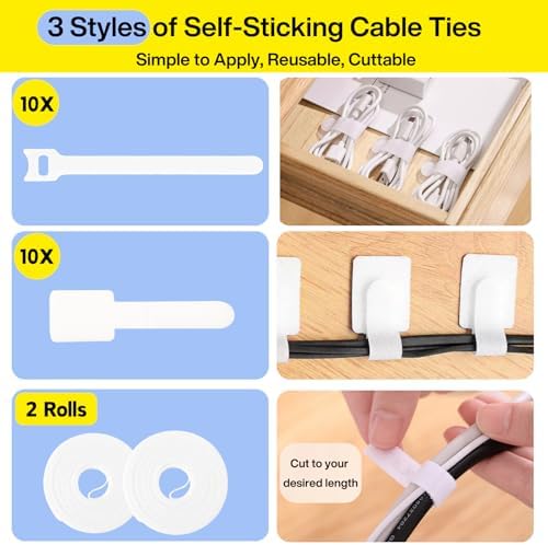 [313Pcs] Cable Management Kit, Reusable Computer Desk Cord Organizer, White