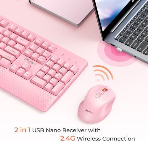 MEETION Wireless Keyboard and Mouse Combo, Full-Size with Wrist Rest, Pink