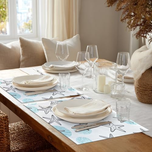 Shrahala Coastal Nautical Set of 8 12 X 18 Inch Linen Placemats, Circles Starfish Blue White Marine Theme Burlap Table Mat Washable Double Layered Heat Insulation for Indoor/Outdoor