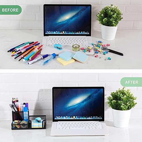 Black Mesh Pen Holder - Multipurpose Mesh Desk Organizers Large Capacity Office Supplies with Sticky Notes Holder and 3 Compartments 4 Non-slip Mats Easy Storage Suitable for School, Home