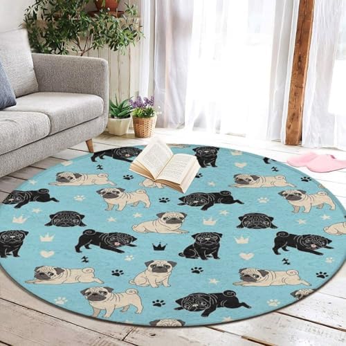 Machine Washable Modern Round Area Rug, Room Sofa Yoga Soft Round Carpet, Home Decor Non Slip Kitchen Office Circle Rug Pug Life
