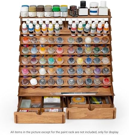 Plydolex Wooden Paint Organizer - 74 Holes Suitable for Vallejo, Citadel, Tamiya Paint Bottles - 14 Brushes Holes, 6 Minis Stands and 2 Drawers - Works for Warhammer, DnD and Other Miniatures