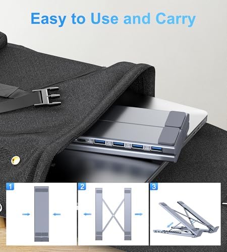 M61 USB C to USB Hub Portable Laptop Stand, Aluminum 4 Ports USB3.0 Multiport Adapter Adjustable Laptop Docking Station Stand Compatible with MacBook Pro/Air, Chromebook, Keyboard, Mouse, HDD