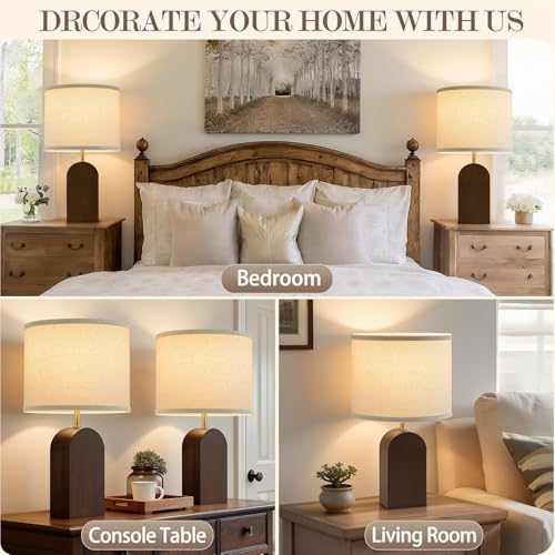 Wood Table Lamps for Bedroom,19" Farmhouse Bedside Lamps Set of 2,Walnut