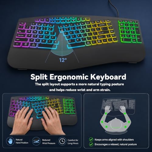 Wired Ergonomic Split Keyboard with RGB Backlight & Numpad, Black