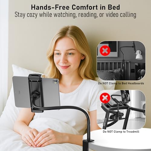 Tablet Stand for Desk, Gooseneck iPad Holder Clamp Mount, 360° Adjustable