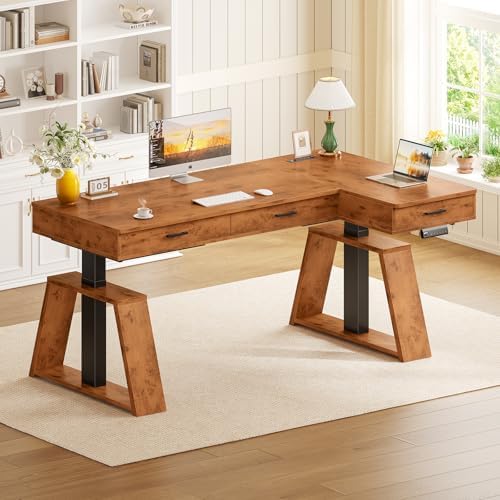 SEDETA 59 Inch L Shaped Electric Standing Desk with Drawers, Executive Adjustable Desk with Power Outlets, Sit Stand Computer Table for Home Office, Rustic Brown