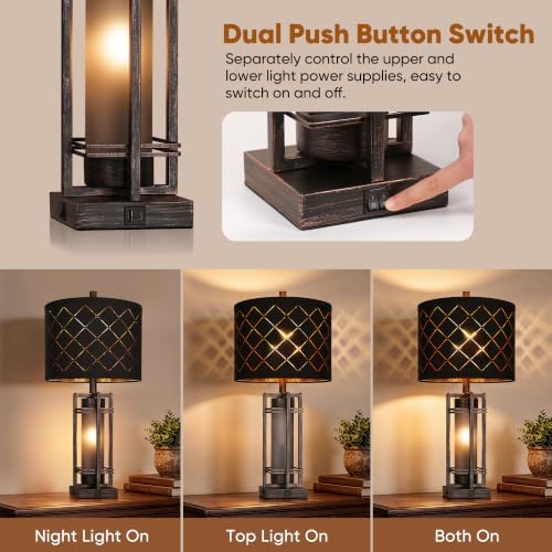 WIHTU 27'' Modern Table Lamp with Nightlight, Metal Bedside Lamps,Black ORB