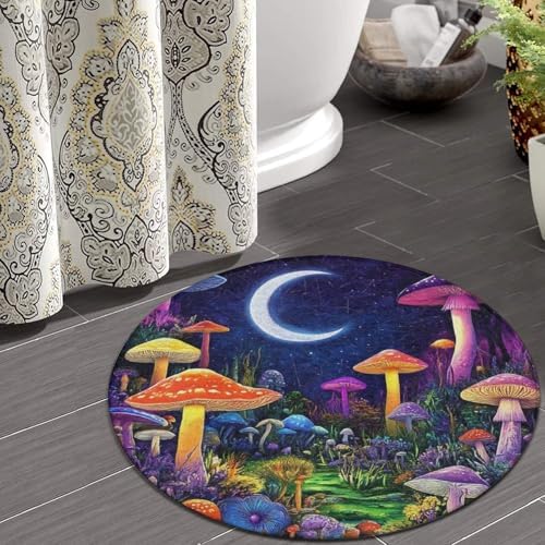 Room Sofa Yoga Soft Round Carpet, Home Decor Non Slip Kitchen Office Circle Rug, Machine Washable Modern Round Area Rug Magic Mushroom Mushrooms Scenery, 36inch