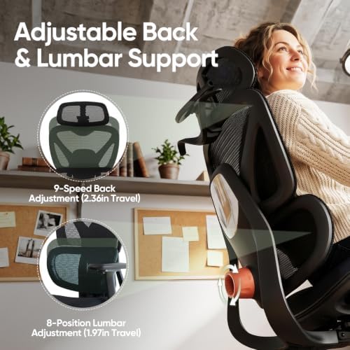 Ergonomic Mesh Office Chair, Desk Chairs with Adjustable Lumbar Support, 4D Flip-up Arms & 3D Headrest, Comfy High Back Breathable Mesh Computer Chair for Home Office, 400lbs (Black)