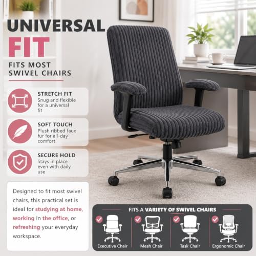 Tegeme Set of 4 Faux Fur Office Chair Covers with Armrest Covers, Dark Gray