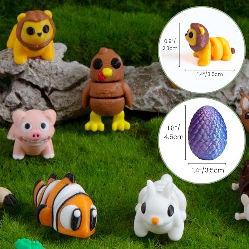 MONJITA 21 Pcs 3D Printed Easter Eggs with 21 Pcs Mini Animal Figurines Inside, Flexible Articulated Fidget Toys, Party Favors, Easter Basket Stuffers, Gifts for Kids Students Carnival Prizes