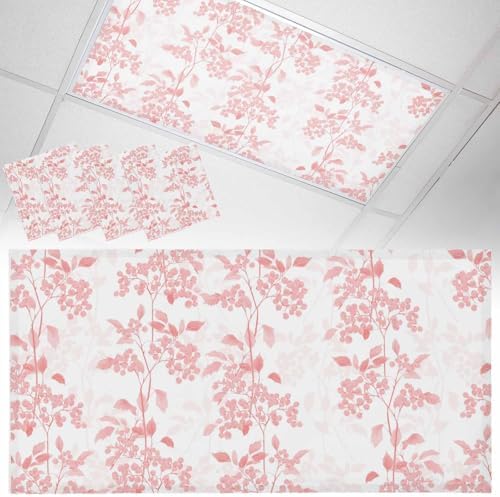 Pink Flower Leaves Magnetic Fluorescent Light Covers for Ceiling Lights 2 x 4 Feet,Grey Modern Pastel White Floral Spring Summer Office Classroom Kitchen Drop Ceiling Light Filter Covers 4 Packs