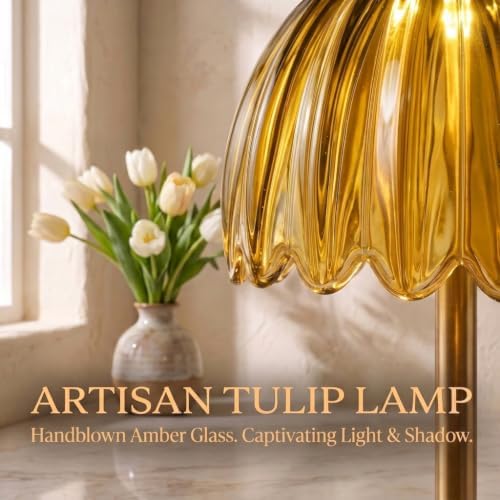 Tulip Glass Rechargeable Table Lamp, Cordless Vintage Table Light (Amber)