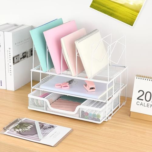 Desk Organizers and Accessories, 2-Tier Desk Organizer with Drawer, White