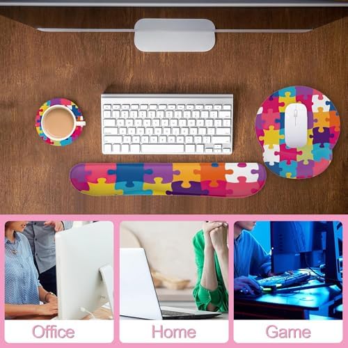 Autism Awareness Puzzle Colorful Keyboard Wrist Rest Pad and Mouse Pad Wrist Support Set,3-in-1 Ergonomic Mouse Pad with Non-Slip Rubber Base for Home Office Game Computers Desk,
