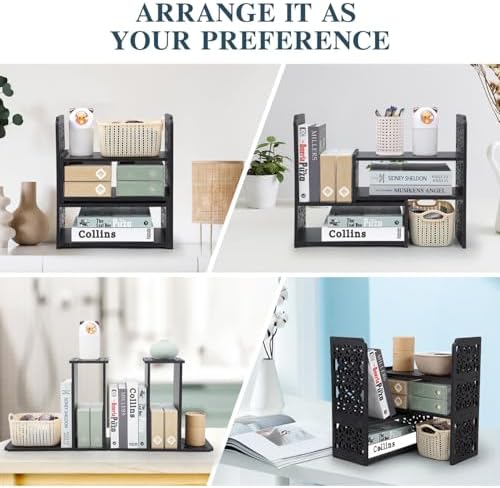 EARTHSON Desk Organizer Shelf, Expandable Bookshelf for Desk, Small Desktop Bookshelf, Mini Cute Adjustable Office Desk Shelves, Black
