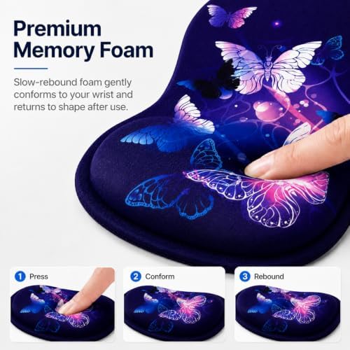 Mouse Pad with Wrist Rest Ergonomic Memory Foam Support, Non-Slip Rubber Base, Comfortable Typing Cushion for Home Office Computer Laptop, Butterfly