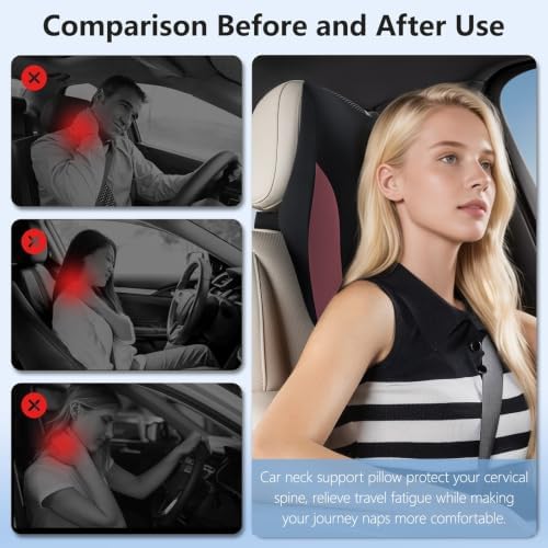 BABUR Car Neck Pillow, Headrest Pillow with Adjustable Strap for Driving