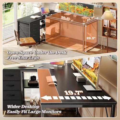 PRAISUN 53" L Shaped Desk with Power Outlets & 4 Drawers