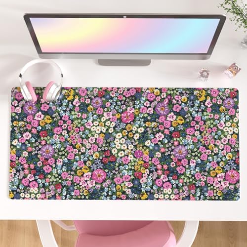 Faux Leather Large Mouse Pad, Office Desk Mat, 31.5"x15.7", Blooming Flower