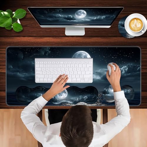 Keyboard Wrist Rest and Mouse Pad with Wrist Support Set Ergonomic Coaster,Memory Foam,Easy Typing Pain Relief,Large XL Desk Mat 31.5"x 11.8",Moon Ocean