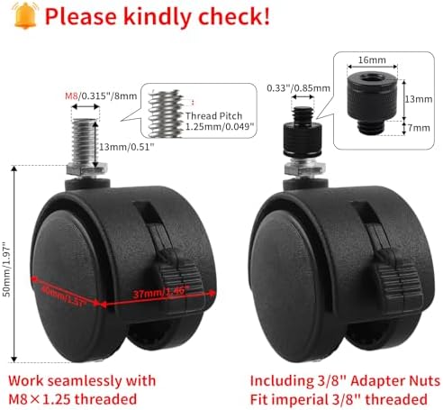 HOWDIA 4 Pcs M8×1.25 Thread (with 3/8 Adapter Nuts) 1.5" Swivel Caster Wheels with Brake, Light-Duty Casters Replacement for Carts/Small Furniture, Fits Metric M8 & Imperial 3/8, (30kg Total, 4-Pack)
