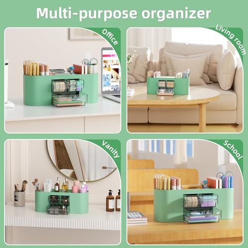 Marbrasse Desk Organizer Pen Holder for Desk with 3 Drawers, Multi-Functional Pencil Holder, Desk Organizers and Accessories with 7 Compartments for Home, School, Classroom(Green)
