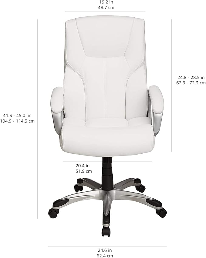 Amazon Basics Executive High Back Office Desk Chair, Adjustable Height, Tilt, Swivel, 275lb Capacity, Bonded Leather, White/Pewter