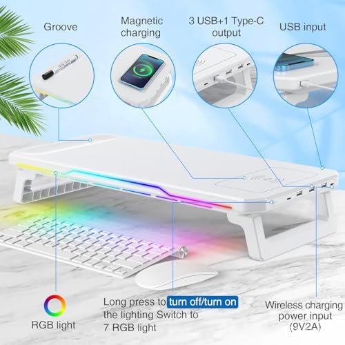 Monitor Stand Riser with USB 3.0 Hub & Type-C Port, 15W Fast Wireless Charging & RGB Lighting, Desk Organizer for Home Office PC iMac 27 Inch (White)