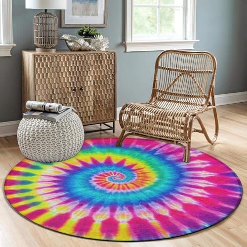 Fashion Round Area Rug Large Non Slip Carpet Unisex Home Decor Mat Red Blue Yellow Spiral Tie Dye Rainbow