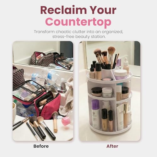 Masirs 360 Rotating Makeup Organizer Countertop, Adjustable Shelf, White