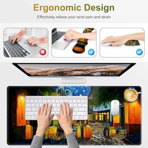 Desk Mat Gaming Mouse Pad, Cute Desk Matt Keyboard Wrist Rest for Desktop, Anti-Slip Mousepad w/Stitched Edges, XXL Large Mouse Pad with Wrist Support for Desk Computer I Terrace of the Cafe