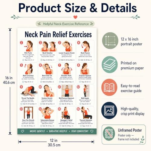 Neck Pain Relief Exercises Poster | 16 Guided Neck & Shoulder Stretch Exercise Chart for Posture, Mobility & Flexibility | Easy Home Workout & Daily Stretching Guide | Thoughtful Wellness Gift, 12 x 16 Inch Unframed