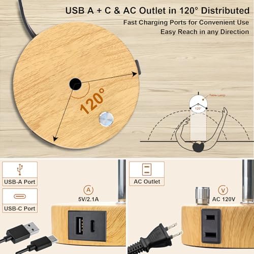 LTBLIGHT 2 Pack Gold Stepless Dimmable Bedside Table Lamp USB+AC Outlet