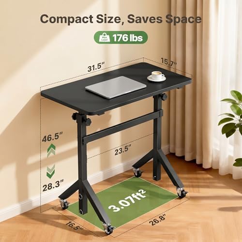 Marsail Mobile Stand Up Desk with Wheels, Adjustable Height Desk from 28.3″ to 46.5″, Rolling Standing Desk with Lockable Wheels, Portable Small Desk for Walking Pad and Treadmill, Black