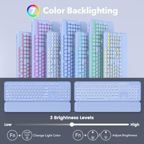 Wireless Keyboard and Mouse Combo, Backlit Round Keycaps, Retro Typewriter Keyboard with Detachable Wrist Rest, Rechargeable & Tilt Legs, 2.4GHz Cordless Connection for Windows/PC (Glowing Purple)