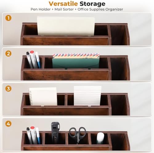 5-Tier Wood Desk Organizer and Pen Holder, File and Mail Sorter with Drawer
