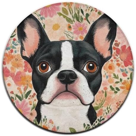 Room Sofa Yoga Soft Round Carpet, Home Decor Non Slip Kitchen Office Circle Rug, Machine Washable Modern Round Area Rug Boston Terrier Floral, 36inch