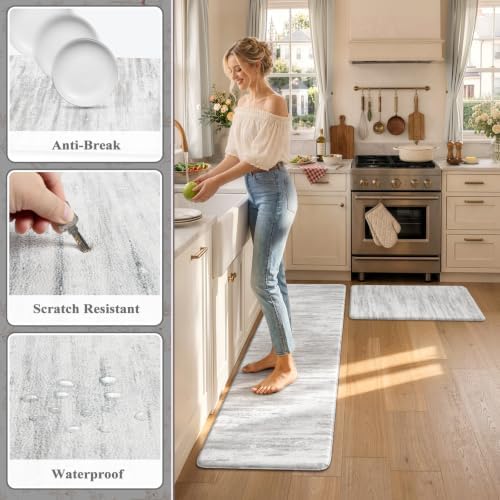 KIMODE Kitchen Mats Cushioned Anti Fatigue,Abstract Grey Farmhouse Rugs Set