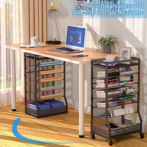 ThreeHio 7 Tier Rolling File Cart with Sliding Trays, Wood Metal File Organizer Beside Desk, Free-Standing File Holder, Paper Letter Tray Organizer Mesh Desk Organizer for Home Office School (Patent)