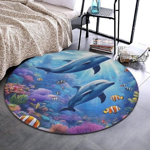 Home Decor Non Slip Kitchen Office Circle Rug, Machine Washable Modern Round Area Rug, Room Sofa Yoga Soft Round Carpet Sea Underwater Beautiful Sea World Dolphins, 60inch